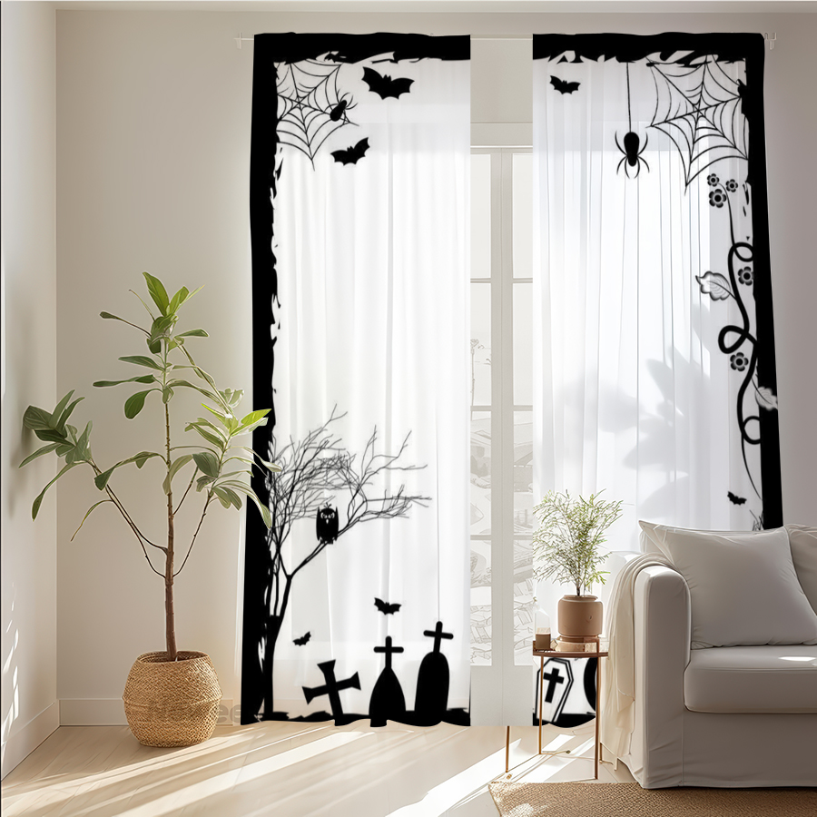 Spider Web Halloween Decoration - 2 Cortinas Transparentes con Estampado Digital,